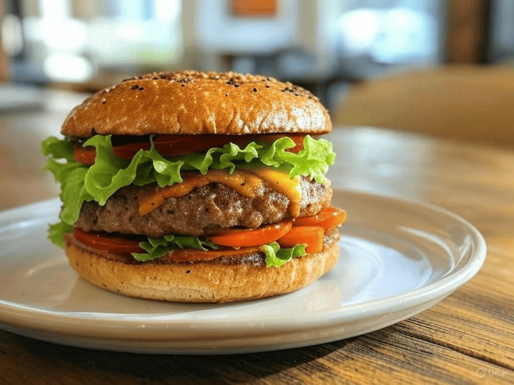 A burger with double meat patty placed on a plate.